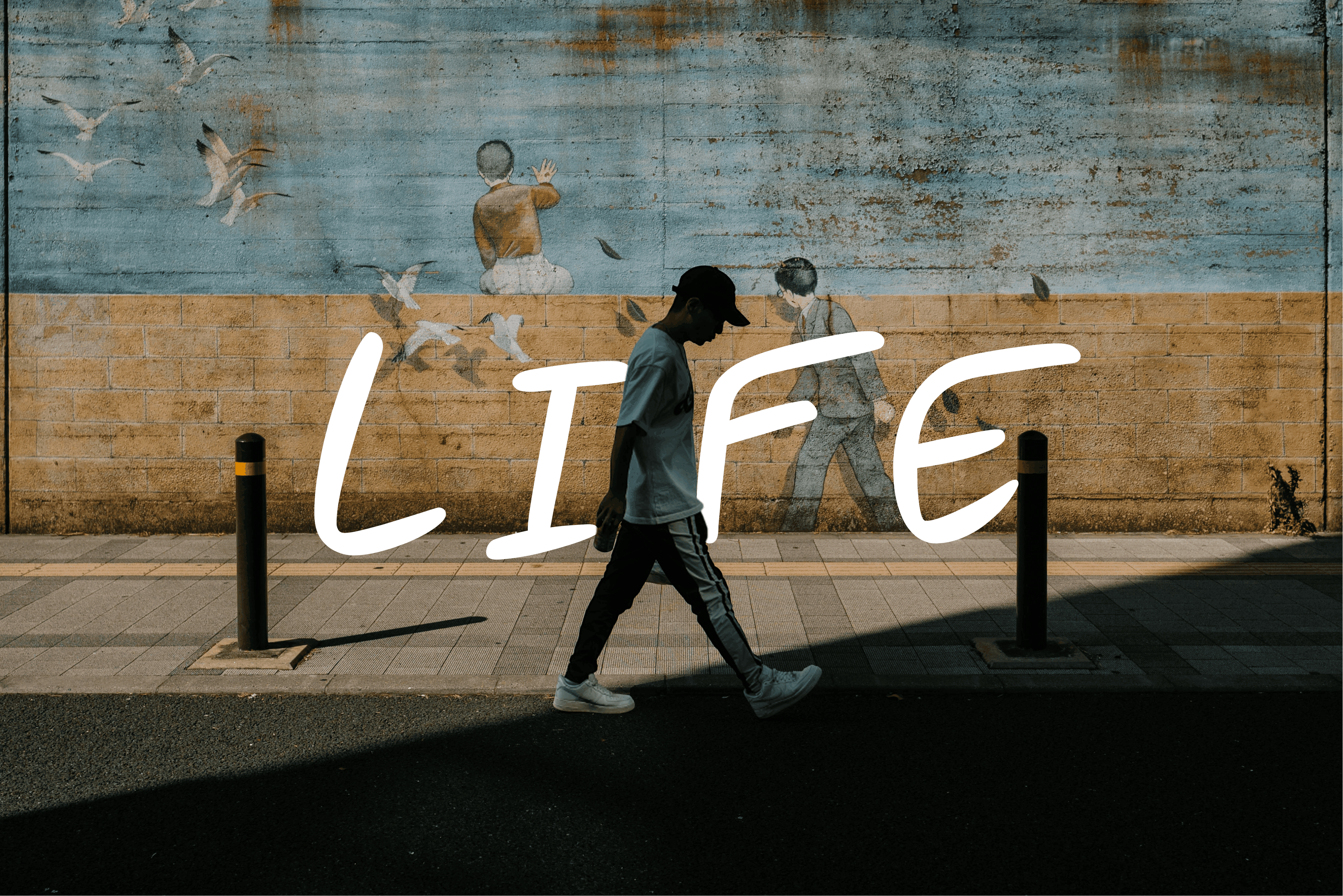 AI background removal — text placed behind a walking man