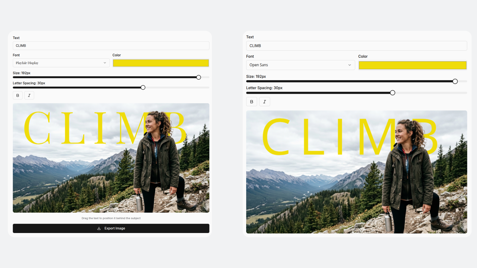 Font comparison for depth effect posters — bold display font vs clean sans-serif vs editorial serif style